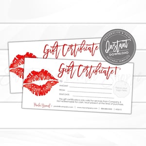 Editable Gift Certificate, Printable Red Lips Makeup Gift Card, DIY Gift Certificate, Editable Business Template Instant Access Edit Now