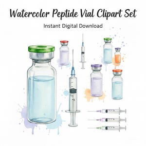May include: A watercolour illustration of a peptide vial clipart set. The image shows various vials with coloured caps, syringes, and watercolour paint splatters. Text at the top reads "Watercolor Peptide Vial Clipart Set" and "Instant Digital Download".