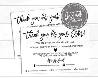 EDITABLE Thank You for your Order template, Printable Personalized Small Business Thank You Order inserts, Package inserts, Instant Access