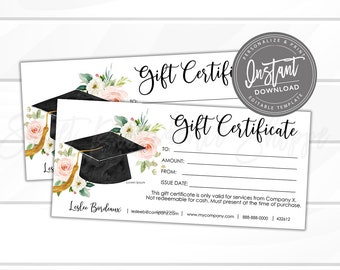 Editable Graduation Gift Certificate, Printable Gift Card, DIY Senior 2020 Graduate gift, Editable Gift Template, Edit Now- Instant Access