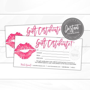 Certificado de regalo editable, tarjeta de regalo de maquillaje de labios imprimible, certificado de regalo de bricolaje, plantilla de vale de regalo editable, acceso instantáneo Editar ahora