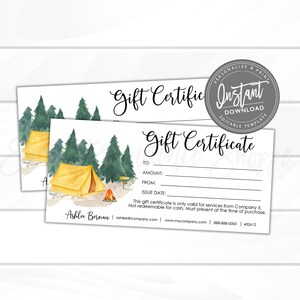 Editable Gift Certificate, Camping Outdoors Printable Gift Voucher, Editable Business Template, Editable Voucher, Instant Access Edit Now