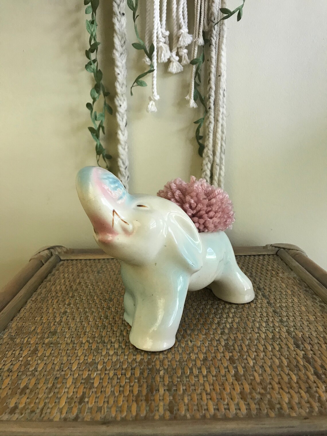 Vintage Blue Ceramic Elephant Planter // Nursery Decor Etsy