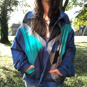 Navy Windbreaker Jacket 90s Drawstring Neck Jacket Blue Plain Lightweight Vintage 1990s Windbreaker Oversized Large XL