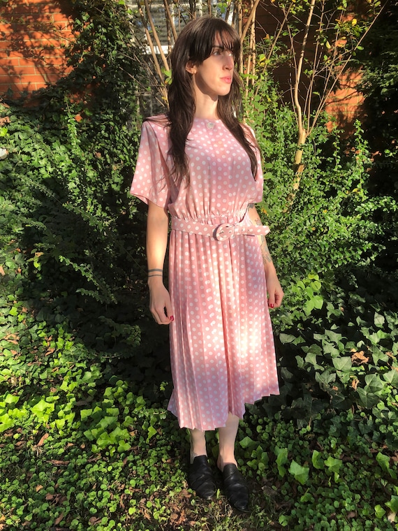 Vintage 80s Pleated Pink Polka Dot Dress Vintage Leslie Fay
