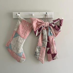 Antique Quilt Christmas Stocking and Matching Patchwork Bow Set, Vintage Cottagecore Christmas Decor
