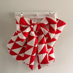 Vintage Red & White Quilt Stocking and Bow Set – Handmade Christmas Decor Bundle