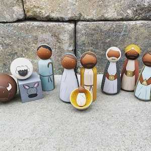 Handmade Wooden Peg Doll Nativity Set, Painted Nativity Scene, Christmas Decor, Holiday Gift, Religious Nativity Figurines, Minimalist