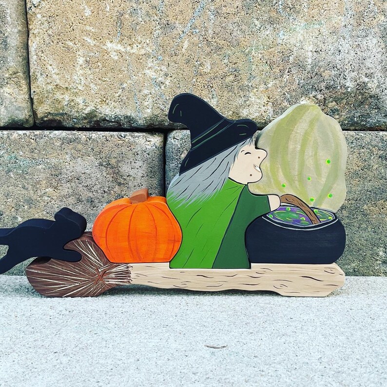 Witch, Witch On a Broom, Halloween, Wooden Toy, Black Cat, witches cauldron, Halloween peg doll, high quality peg doll, princess peg doll