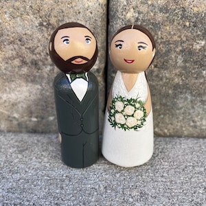 Hand Painted Wooden Wedding Cake Topper – Custom Peg Doll Couple from Photo, Personalized Bride & Groom Keepsake