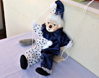 Vintage doll, Porcelain doll,  A clown doll  hanging on a bench, Clown doll, Collectible doll, Rag dlol Soft Doll, clown standing on a bench