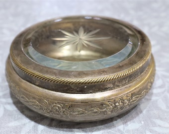 Vintage Box ,  Metal Box , Engraved Box , Glass Lid Box , Candy Box , Sugar Box