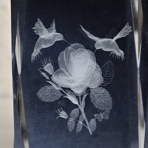 3d Glass Decoration , Laser Engraved Glass , Rose , Engraved Rose And Hummingbirds , 3D Rose