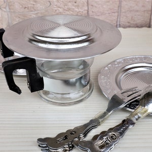 Tea Cups , Tea Set , 5 Glass Cups with Handles , Set of Cups Forks and Spoons , Vintage Feeding Set