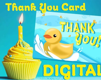 Duck Birthday Thank You Card - Adorable Yellow Duck Thank You Card - Digital Printable, 4x6 Inches