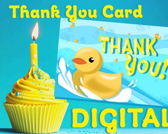 Könnte beinhalten: Eine digitale Dankeskarte mit einer gelben Gummi-Ente in einer blauen Badewanne. Die Karte sagt "Danke!" in gelben Buchstaben. Die Karte ist von einem blauen Hintergrund mit weißen Blasen umgeben.