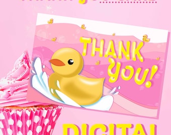 Duck Birthday Thank You Card - Adorable Yellow Duck Pink Thank You Card - Digital Printable, 4x6 Inches