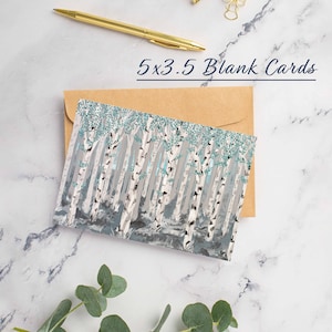 Jeu de cartes vierges forêt de bouleaux - 30 cartes avec enveloppes - Arbres bleus et blancs - 17 x 3,5 pouces