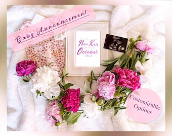 Elegant Peonies Gender Reveal Announcement - Digital 5x7 - Baby Girl - Baby Announcement