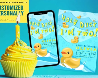 Duck Birthday Invitation - Digital and Printable - "Holy Duck I'm two" - Kids Birthday Invitation - 2 Day Delivery