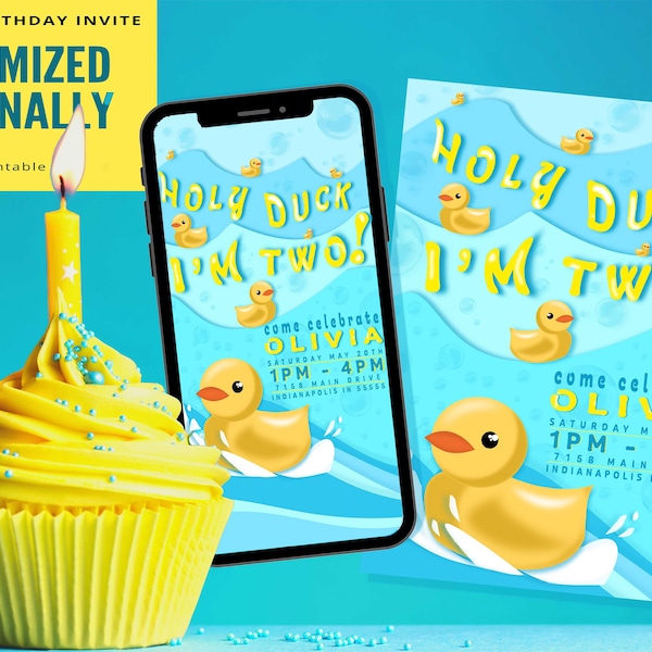 Duck Birthday Invitation - Digital and Printable - "Holy Duck I'm two" - Kids Birthday Invitation - 2 Day Delivery