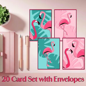 Flamingo Note Cards Set | Tropical Pink Stationery | 20 Cards + 20 Envelopes | Flamingo Thank You Cards | 3.5x5 Inch Blank Cards