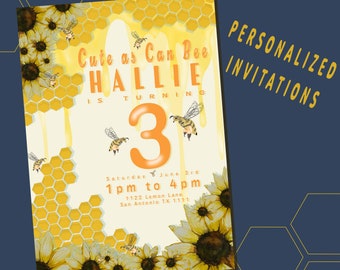 Bee Birthday Invitation Cute as Can Bee Digital Invitation with Sunflowers and Honeycomb - 3rd Birthday Bee Digital Invitation