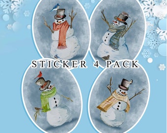 Snowman Sticker Pack - 1.5 inch - Snowmen & Birds Oval Sticker Set - Christmas Winter Decor - 4 Pack - Matte Finish Holiday Stickers