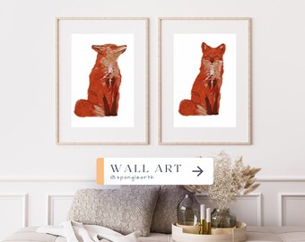 Fox Fall Wall Art Drawings 2 Piece 5x7 inch prints, Cute Fox Graphic Prints, Fox Drawings