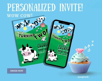 Cow Birthday Invitation "Wow Cow Turning Two" | Digital Printable | Personalized Design