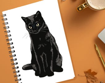 Cahier à spirale chat noir | Journal ligné ou vierge de 5,5 x 8,5 po. | Papeterie faite main