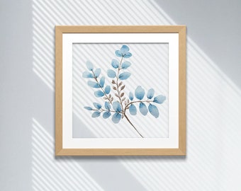 Botanical Print Hand Painted Blue and Brown Watercolor Print with 2 Frame Options