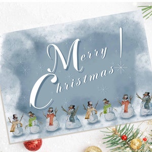 Cartão de Natal do boneco de neve - 20 cartões 5x7 - "Cartão de Natal dos amigos gelados" - detalhes em azul e branco - boneco de neve em chapéus e lenços