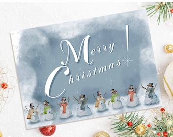 Snowman Christmas Card - Digital Download - 5x7 - "Frosty Friends Christmas Card" - Blue and White Accents - Snowman In Hats and Scarves