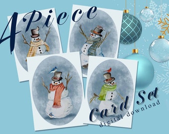 Snowmen Digital Card Set - Digital Christmas Card Set - Watercolor Snowmen with Songbirds | Printable 5x7 Cards