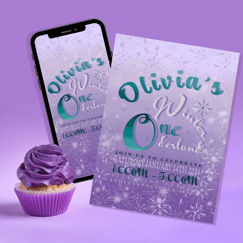 Winter ONEderland Birthday Invitation Purple and Turquoise Digital & Printable Girl First Birthday image 1