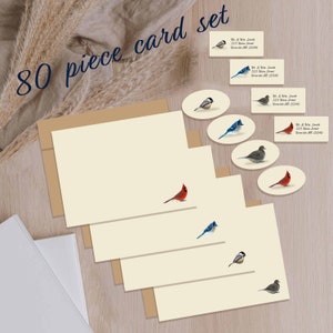 Blue jay, Cardinal, Dove, and Chickadee Song Bird Motif Blank Cards Set - 20 Cards, 20 Envelopes, 20 Seals, 20 Address Labels 5x3.5in