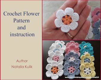 May include: Crochet flower pattern and instructions by Natalia Kulik. The image shows a variety of crocheted flowers in different colors, including white, pink, blue, and yellow.