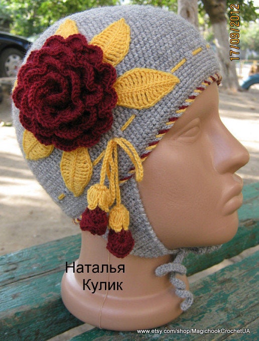 Handmade Rose Crochet Flower, Large Knitted Rose With Leaves