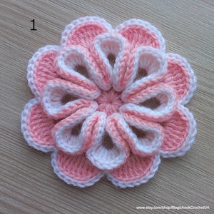 May include: A pink and white crocheted flower with a layered design. The flower has a center with a small circle and eight petals.