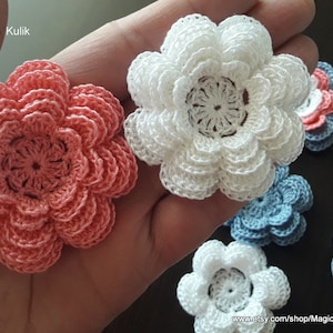 Crochet flowers cotton applique for hair, 3d Motif Irish, Multi Layered Flower, Scrap,Decorative Flower Decor,Large, Big, 8 petals, 2", 6 cm