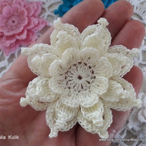 May include: A close-up of a crocheted white flower with a delicate, layered design. The flower is held in a hand, and there are other crocheted flowers in the background.