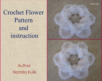 May include: White crochet flower pattern and instructions by Natalia Kulik. The image shows two white crochet flowers with pearl beads in the center.