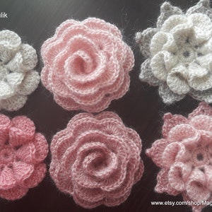 Crochet Flowers, Large Rose 3D, Applique, Floral Decor Knitted, Scrap, Decorative, Small, Beautiful volume, Irish,Hat,Set of 6 pcs, 2
