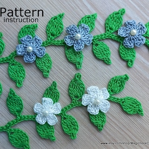 Crochet Leaf Branch Pattern PDF, Small Flower Applique cotton, green leaf pattern, Instructions Knit, Knitted Floral Decor,Irish,Pattern #20