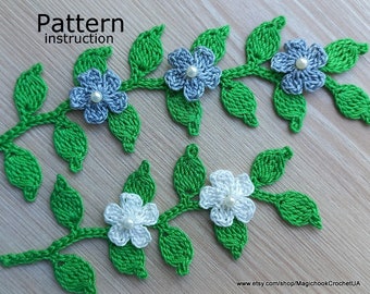 Crochet Leaf Branch Pattern PDF, Small Flower Applique cotton, green leaf pattern, Instructions Knit, Knitted Floral Decor,Irish,Pattern #20