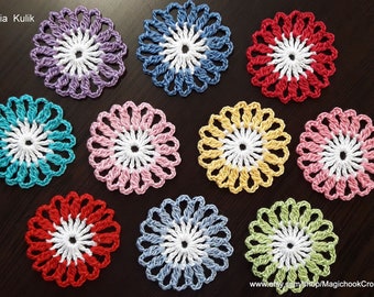 Crochet small cotton flowers, Applique motif  with fine yarn for craft, Knitted floral decor, Irish flower, Needlework kit handmade, 2"
