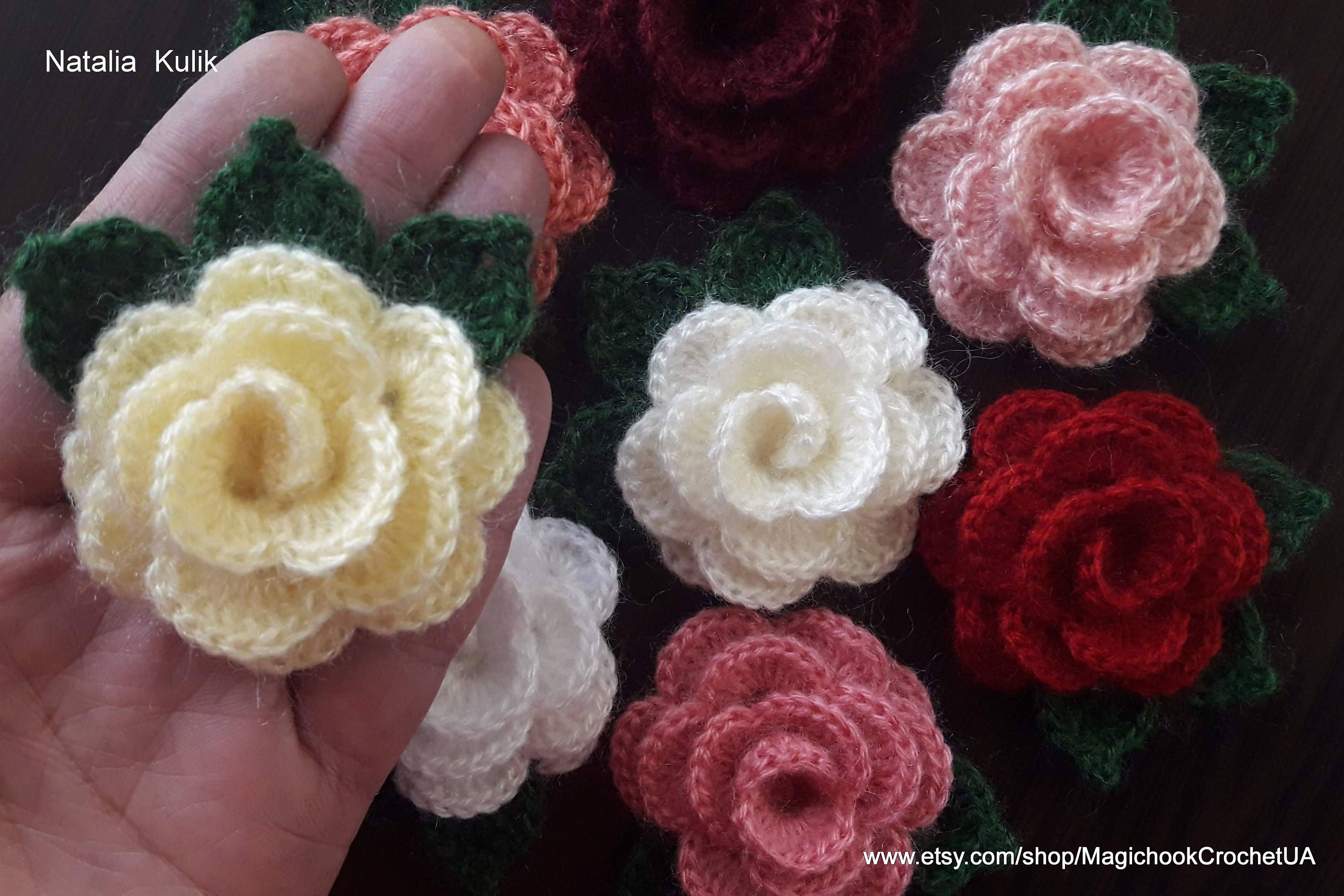 Crocheted Small Rose With Green Leaves3d Crochet Flowers - Etsy