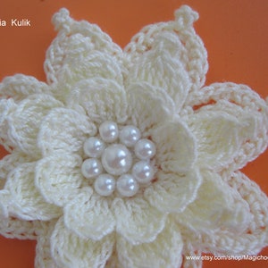 May include: A white crocheted flower with a center of white pearl beads.