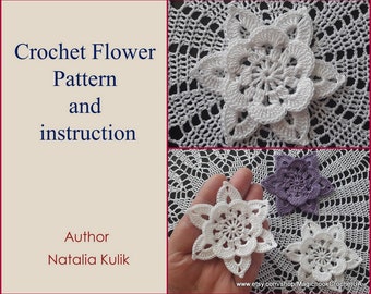 May include: Image of crochet flower patterns and instructions. The image shows several white and purple crochet flowers. Text on the image reads "Crochet Flower Pattern and instruction" and "Author Natalia Kulik".
